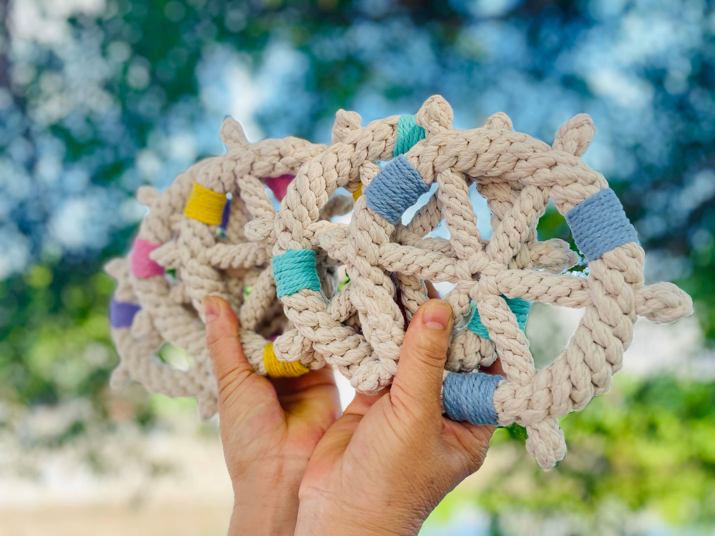 Handmade White Braided Rope Toy Ship Wheel, Sustainable Toy