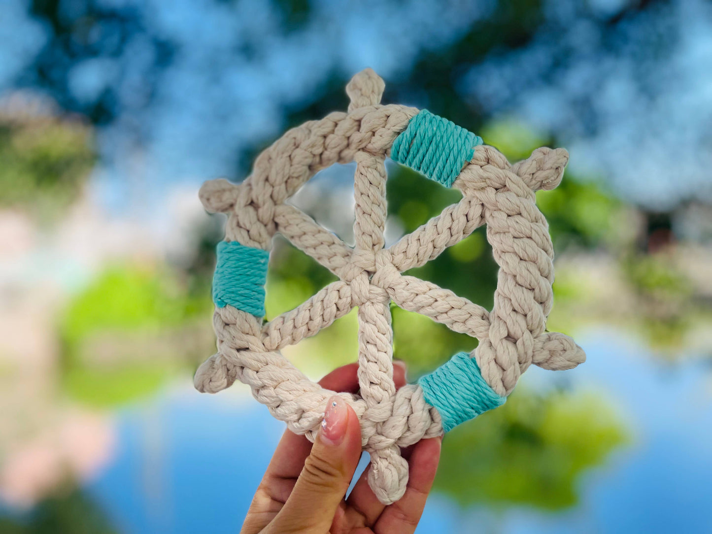 Handmade White Braided Rope Toy Ship Wheel, Sustainable Toy