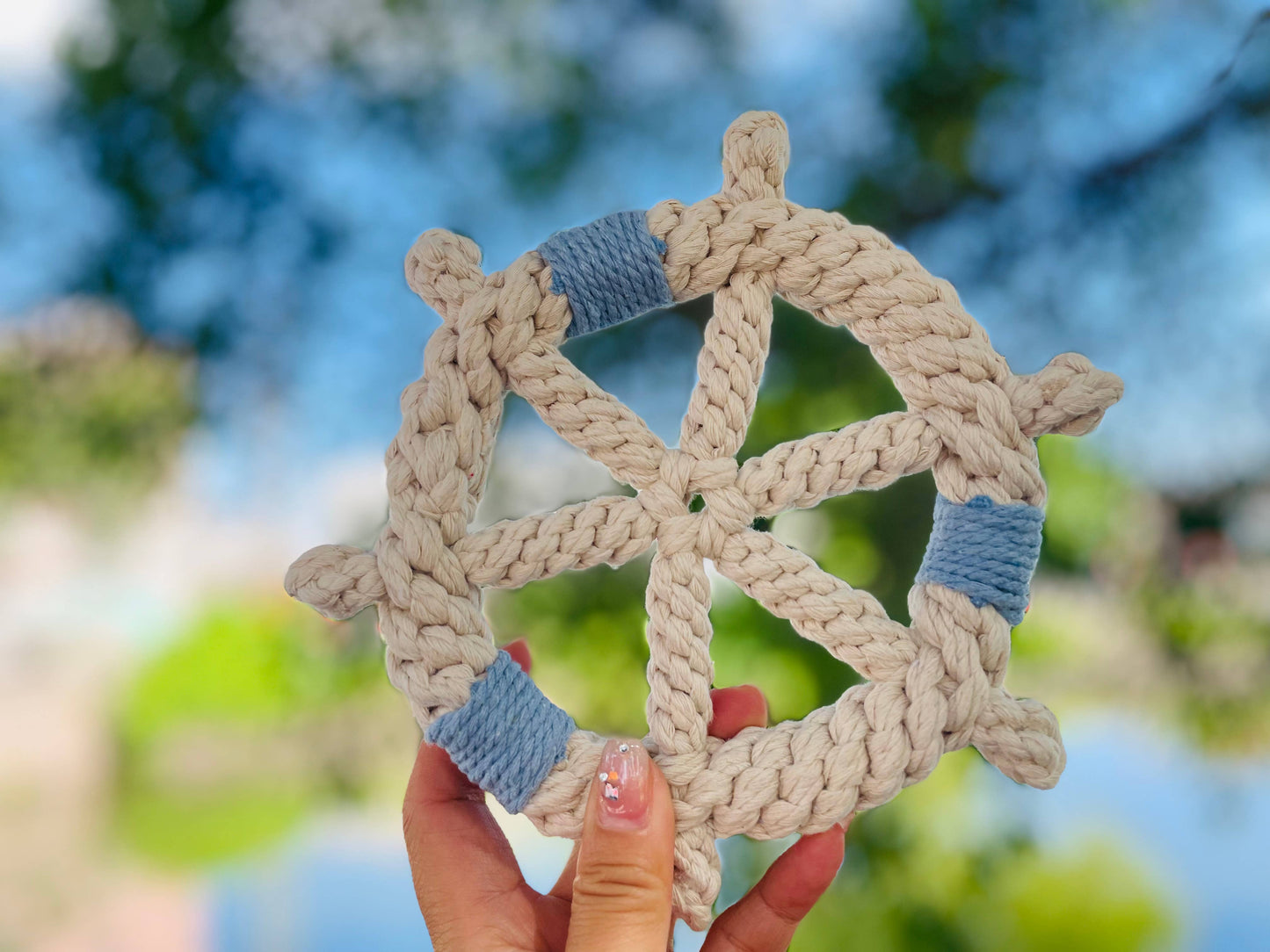 Handmade White Braided Rope Toy Ship Wheel, Sustainable Toy