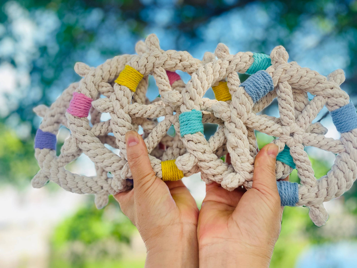 Handmade White Braided Rope Toy Ship Wheel, Sustainable Toy